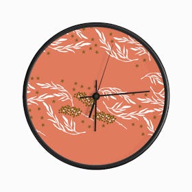 White Floral Pattern On Coral Clock