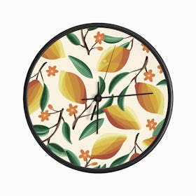 Sunny Lemon Pattern With Florals Clock