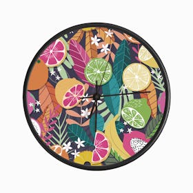 Tropical Fruits Pattern On Deep Purple With Floral Decoration Clock