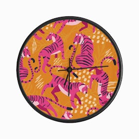 Vibrant Pink Tigers On Bright Orange Pattern Clock