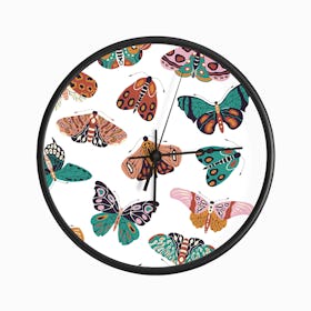 Colorful Hand Drawn Moths And Butterflies Pattern On White Clock