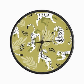 White Tiger Pattern On Light Green Clock