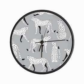 Tropical Monochrome Cheetah Pattern On Gray Clock
