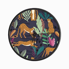 Tropical Cheetah Pattern On Deep Purple With Colorful Florals And Decoration Clock