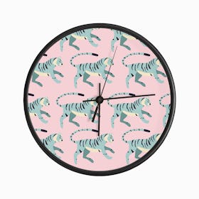 Blue Tiger Pattern On Pink Clock