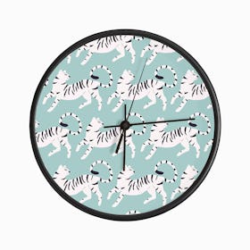 White Tiger Pattern On Blue Clock