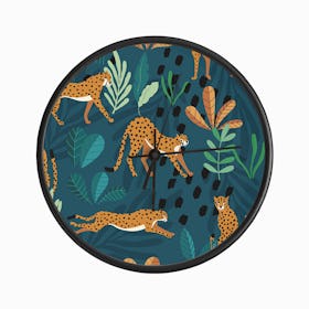 Tropical Cheetah Pattern On Green With Florals And Decoration Clock