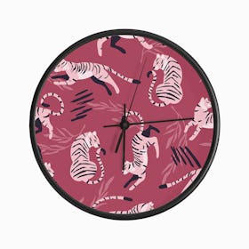Pink Tiger Pattern On Viva Magenta With Floral Decoration Clock