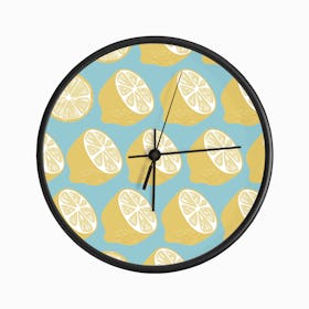 Lemon Pattern On Pastel Blue Clock