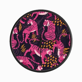 Vibrant Pink Tigers On Dark Purple Pattern Clock