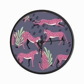 Tropical Pink Cheetah Pattern On Purple With Florals And Decoration Clock
