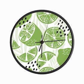 Lime Pattern On White With Floral Decoration Clock