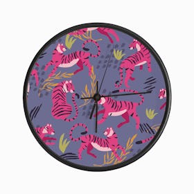 Vibrant Pink Tiger Pattern On Purple With Colorful Florals Clock