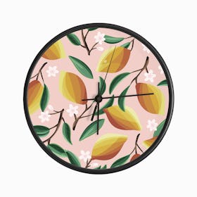 Sunny Lemon Pattern With Florals On Pink Clock