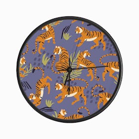 Tiger Pattern On Purple With Green Tropical Leaves Clock