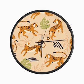 Tiger Pattern On Beige With Tropical Decoration Clock
