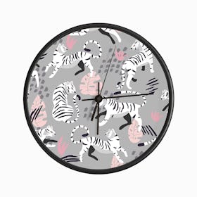 White Tiger Pattern On Gray With Pink Decoration Clock