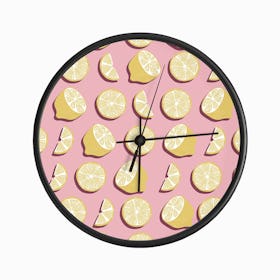 Lemon Pattern On Pink Background Clock