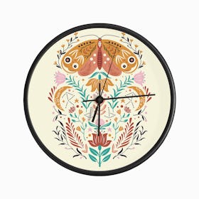 Colorful Moth With Florals On Light Yellow Clock