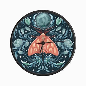 Night Orange Moth On Floral Blue Background And Moon Clock