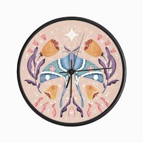 Night Blue Moth On Floral Background And Decoration Clock