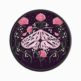 Pink Moth On Deep Purple With Flowers Clock