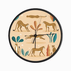 Cheetahs And Florals And Flowers On Beige Clock