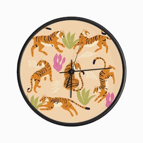 Tigers On Beige With Tropical Leaves Clock