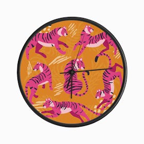 Vibrant Pink Tigers On Bright Orange Clock