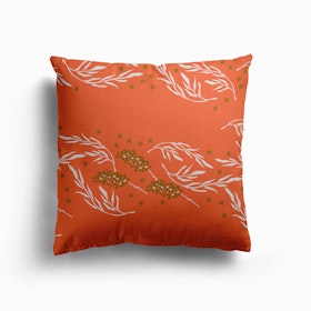 White Floral Pattern On Coral Canvas Cushion