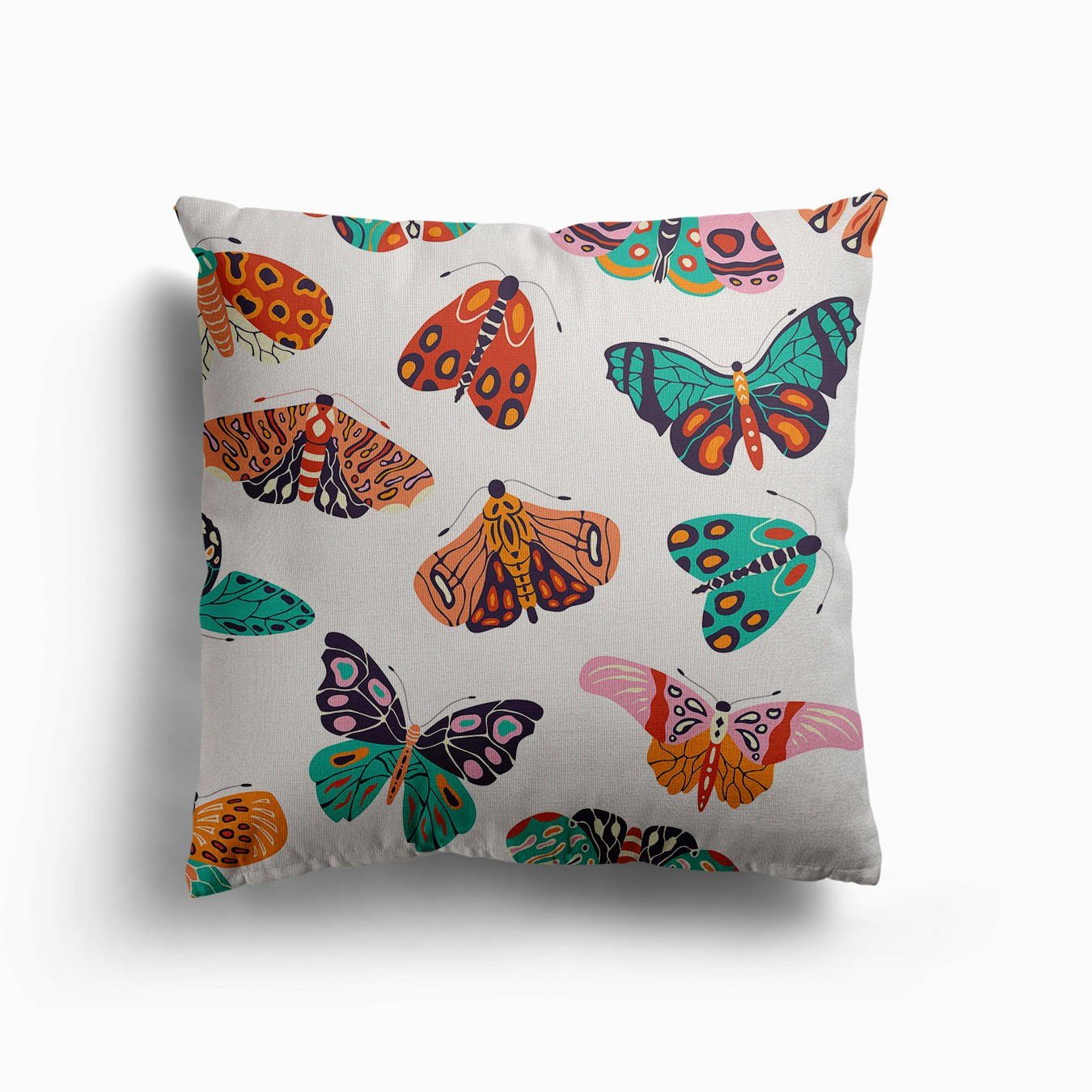 Colorful Hand Drawn Moths And Butterflies Pattern On White Canvas Cuscino