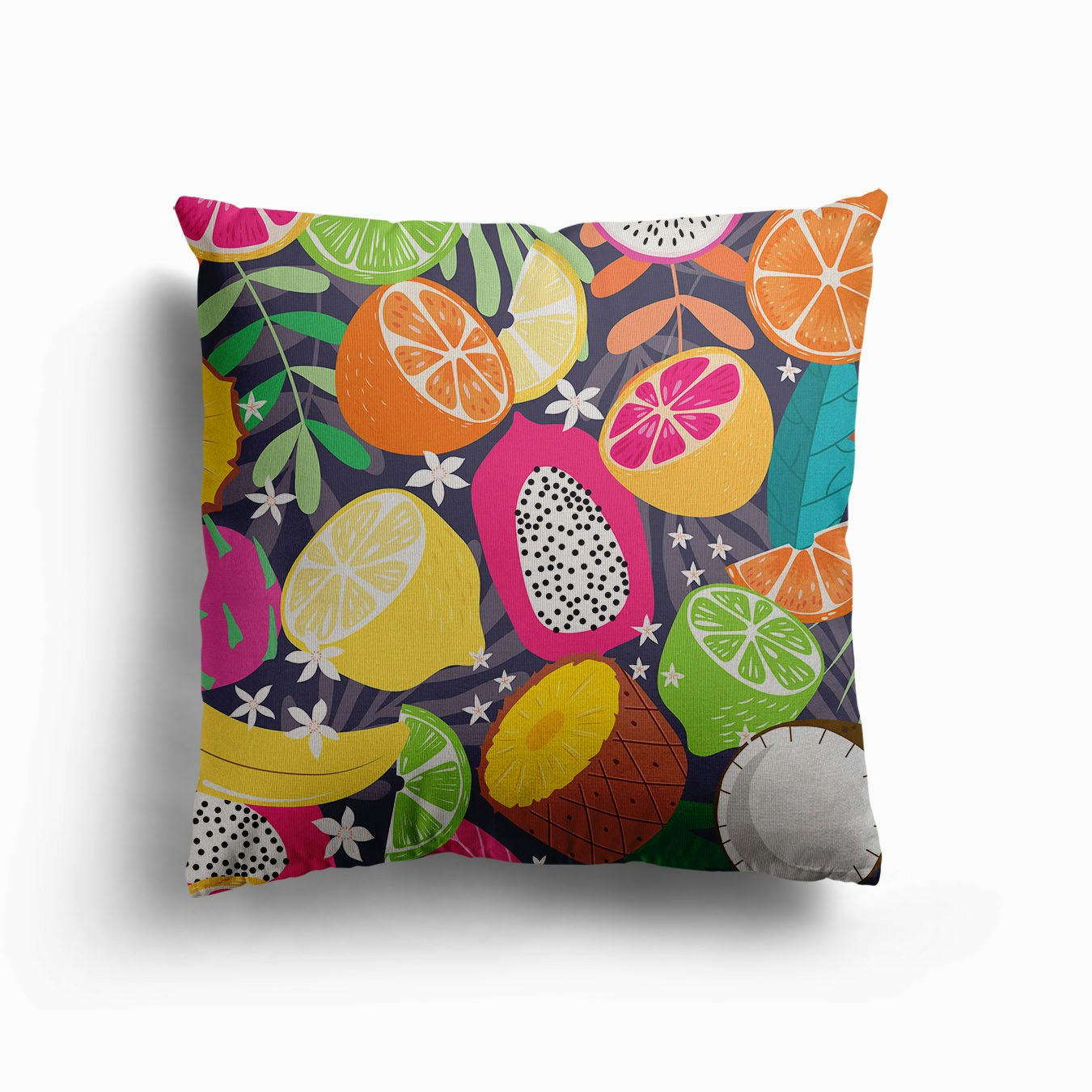 Tropical Fruits Pattern On Deep Purple Canvas Cojín