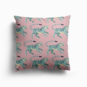 Blue Tiger Pattern On Pink Canvas Cushion
