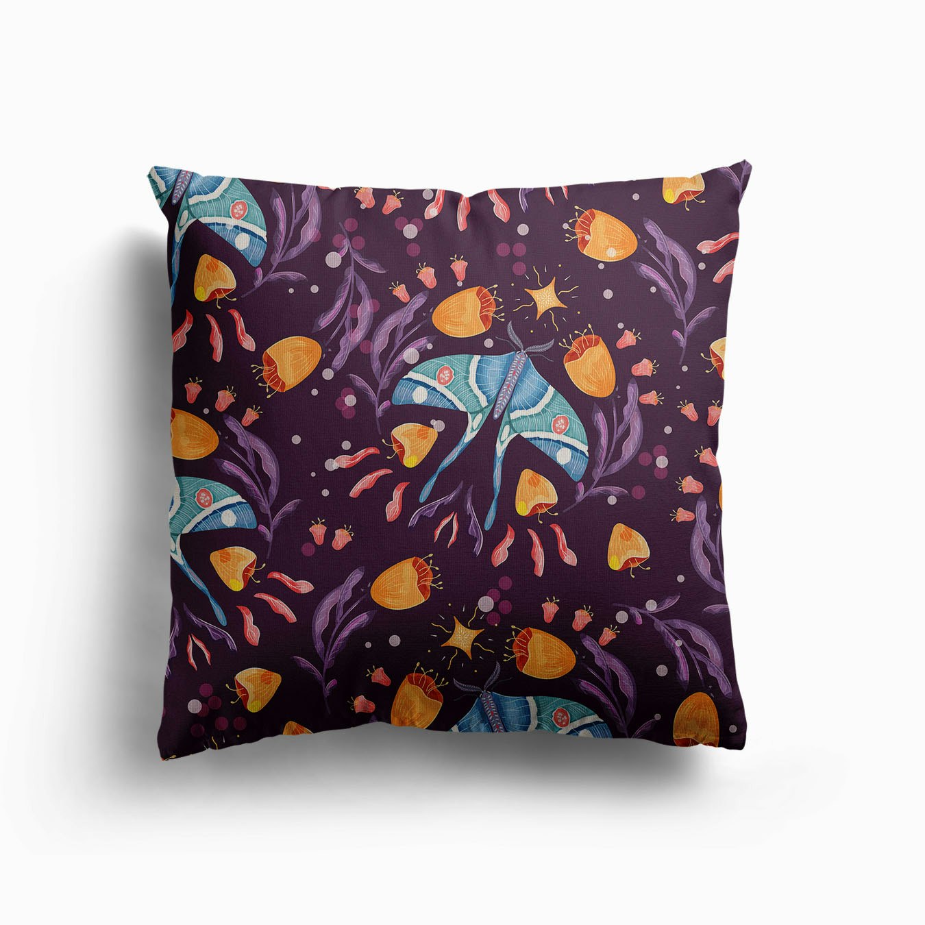 Night Blue Moth On Floral Purple Background And Decoration Pattern Canvas Cushion by BlueLela