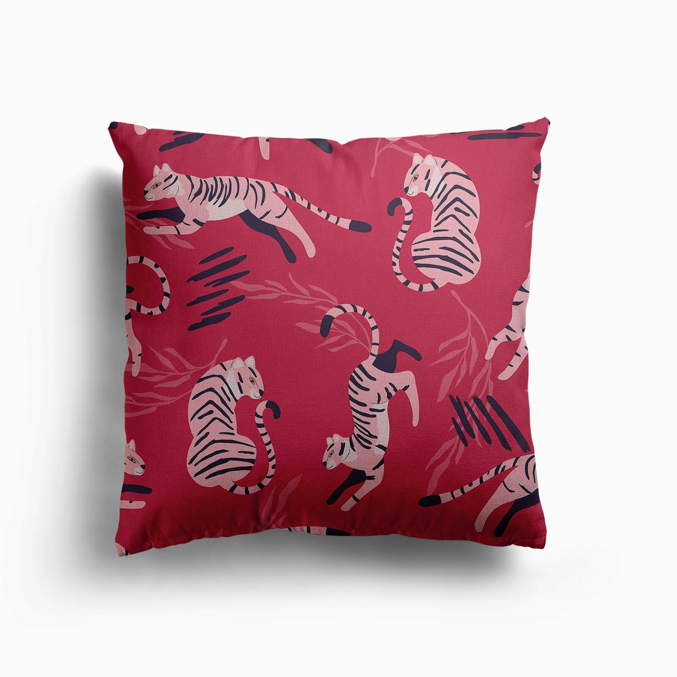 Pink Tiger Pattern On Viva Magenta With Floral Decoration Canvas Cuscino