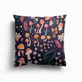 Mushrooms And Florals Pattern On Purple Canvas Cushion
