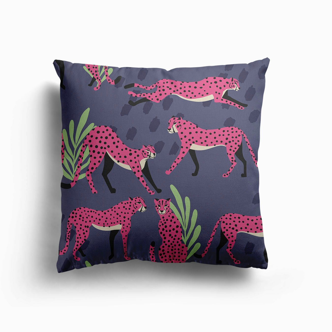Tropical Pink Cheetah Pattern On Purple With Florals And Decoration Canvas Coussin