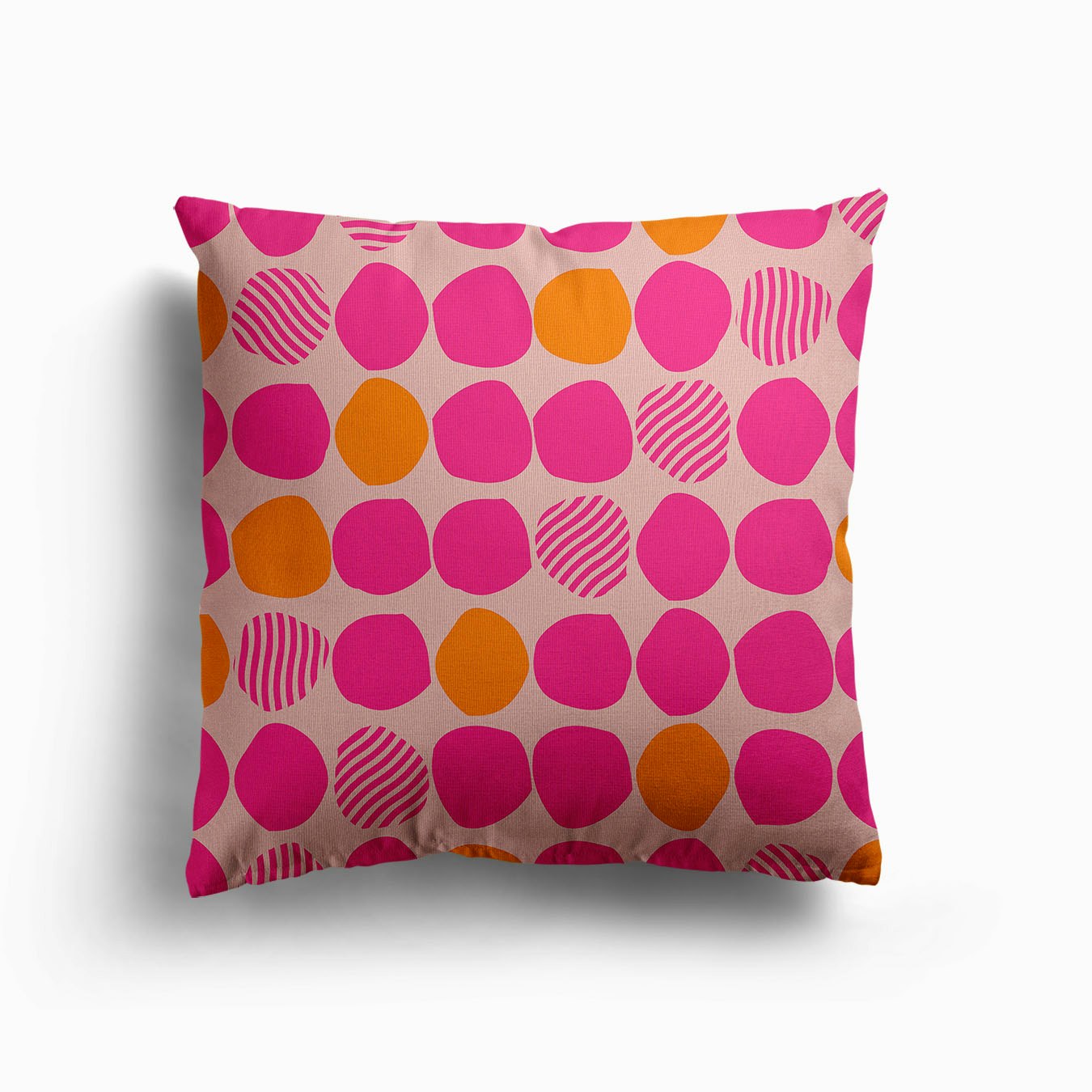 Bright Pink And Orange Polka Dot Pattern On Light Pink Background Canvas Cushion by BlueLela