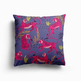 Vibrant Pink Tiger Pattern On Purple With Colorful Florals Canvas Cushion