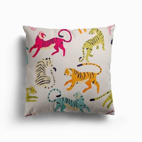 Colorful Tiger Pattern On White Canvas Cushion