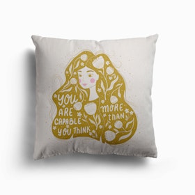 You Are More Capable Than You Think Handlettering With A Beautiful Girl And Flowers, Green Canvas Cushion