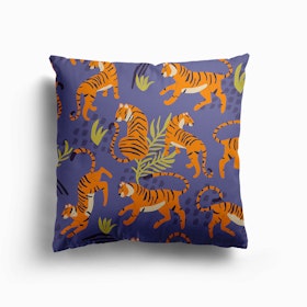 Tiger Pattern On Purple With Green Tropical Leaves Canvas Cushion