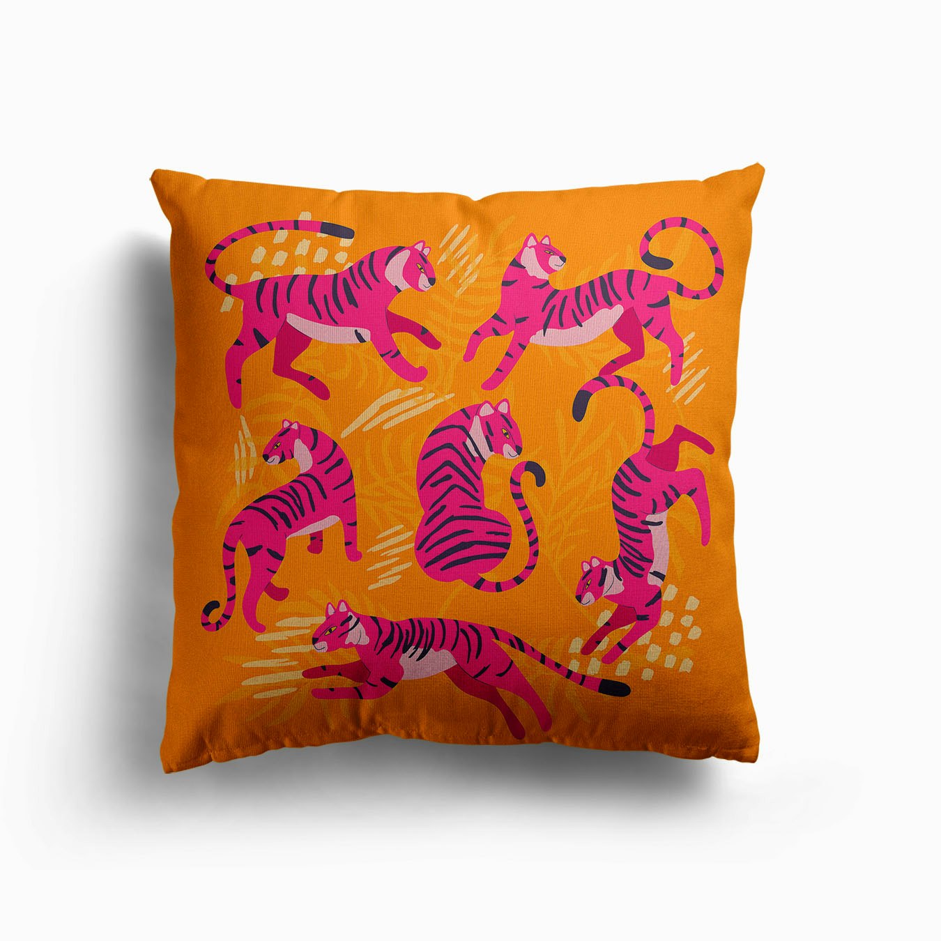 Vibrant Pink Tigers On Bright Orange Canvas Cushion by BlueLela