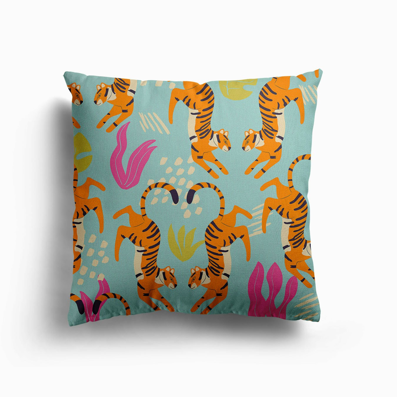Prancing Tiger Pattern On Blue With Tropical Leaves Canvas Cojín