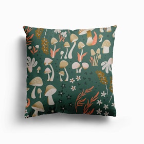 Mushrooms And Florals Pattern On Green Canvas Cushion