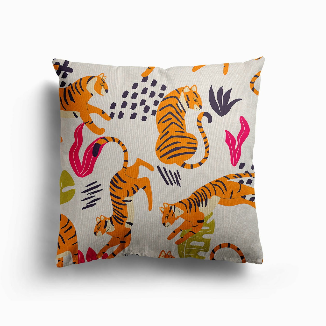 Tiger Pattern On White With Colorful Tropical Leaves Decoration Canvas Cuscino