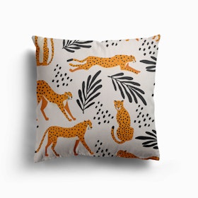 Tropical Cheetah Pattern On White With Black Florals And Decoration Canvas Cushion