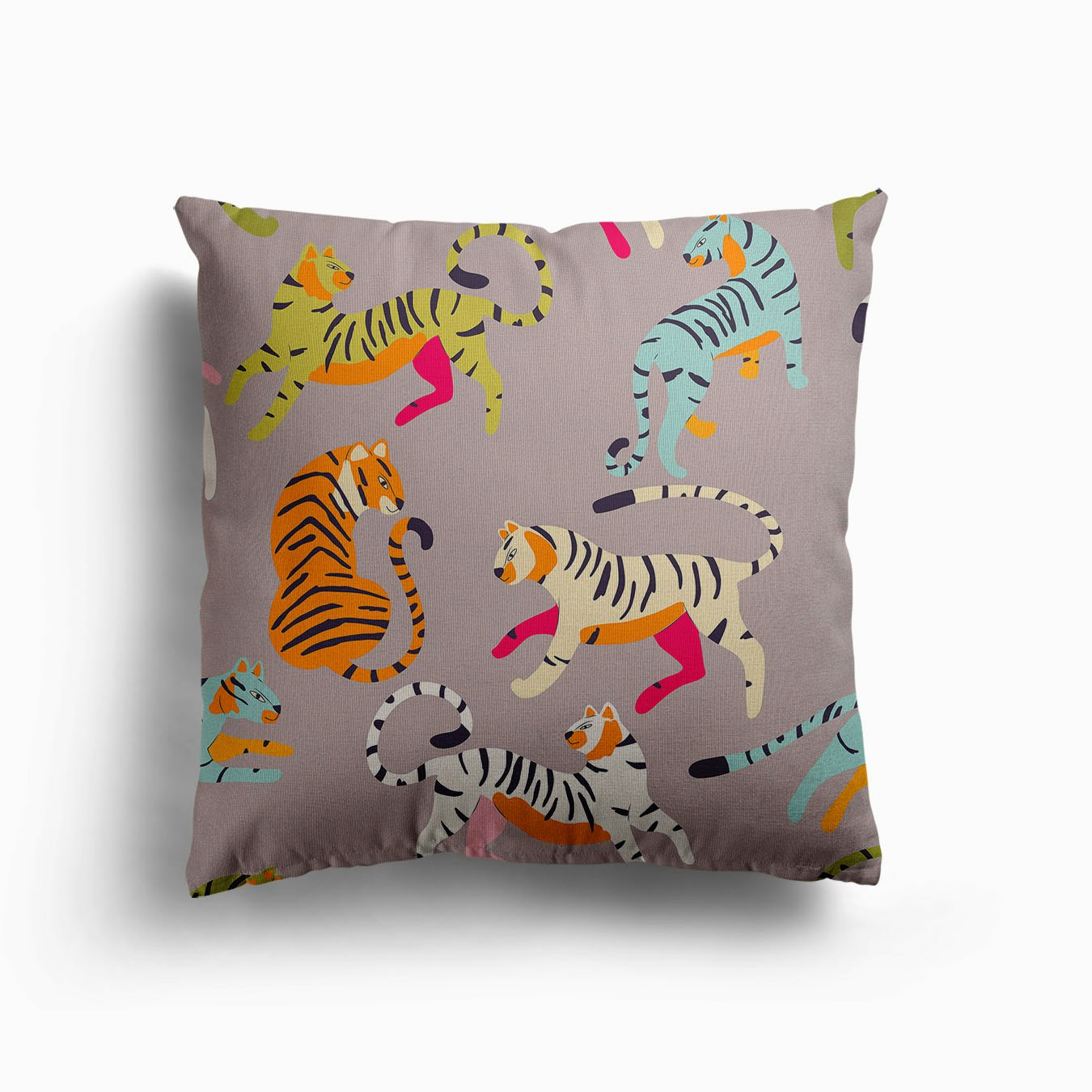 Colorful Tiger Pattern On Gray Canvas Cojín