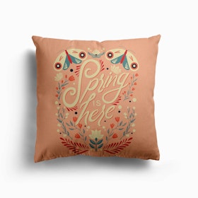 Spring Is Here Hand Lettering With Flowers And Moths On Pink Canvas Cushion