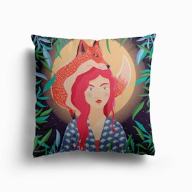 Girl And Her Fox In Moonlight Canvas Cushion